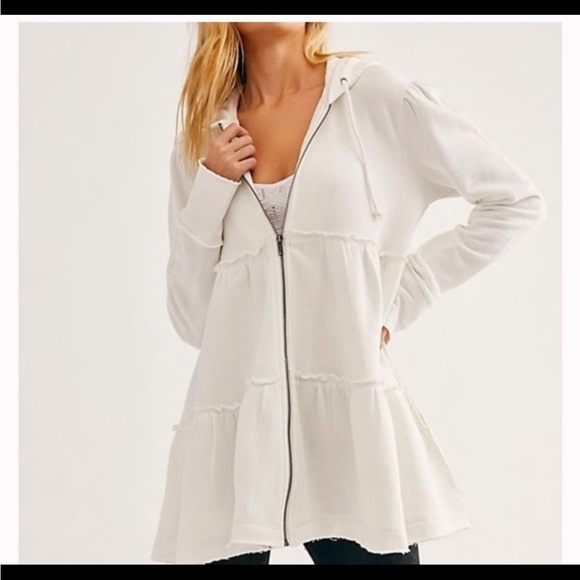 Free People Tiered Ruffle Hoodie SweatshirtZipper Fray Hem NWOT